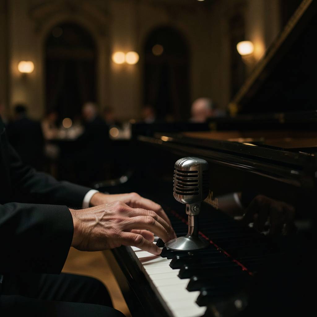 Klavír a mikrofon při hudebním vystoupení